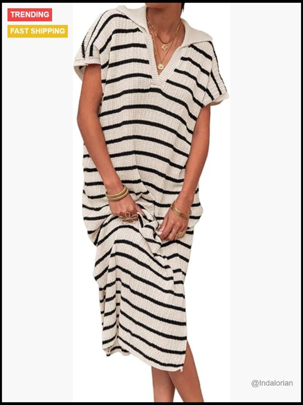 Striped V Neck Short Sleeve Knit Maxi Dress with Side Slits